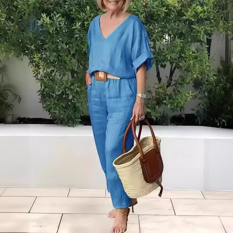 2-teiliges Set: lockeres Oberteil mit V-Ausschnitt und Hose mit Taschen