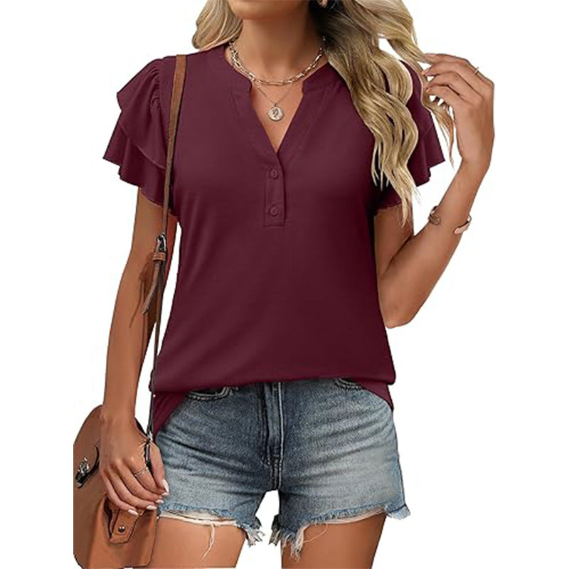 Lässiges Damen T-Shirt mit V-Ausschnitt und Rüsche und kurzen Ärmeln