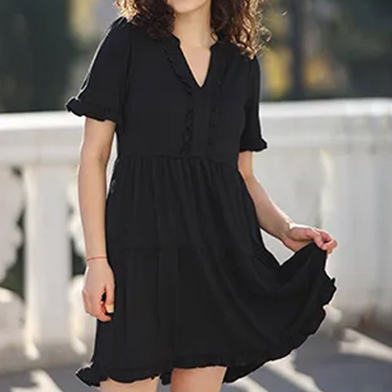 🌸2026 Zeitlich begrenzter Verkauf – 50 % Rabatt🌸Damen-Stufenkleid mit Rüschenbesatz und V-Ausschnitt👚