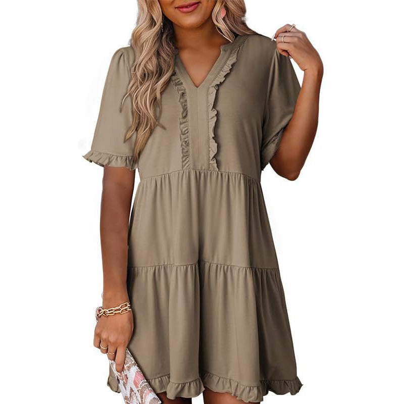 🌸2026 Zeitlich begrenzter Verkauf – 50 % Rabatt🌸Damen-Stufenkleid mit Rüschenbesatz und V-Ausschnitt👚
