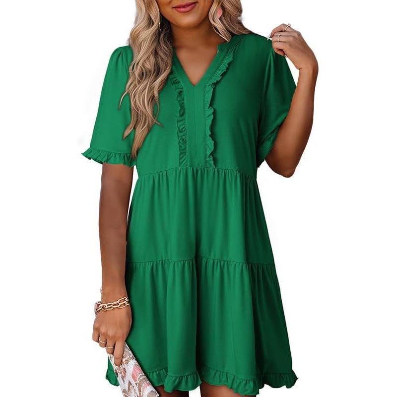 🌸2026 Zeitlich begrenzter Verkauf – 50 % Rabatt🌸Damen-Stufenkleid mit Rüschenbesatz und V-Ausschnitt👚