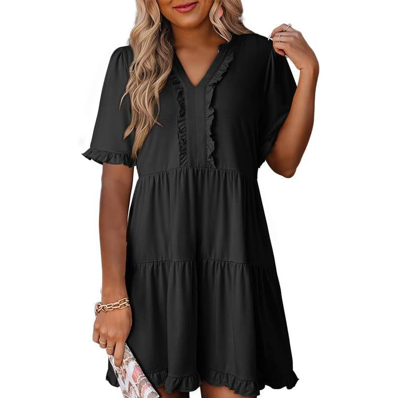 🌸2026 Zeitlich begrenzter Verkauf – 50 % Rabatt🌸Damen-Stufenkleid mit Rüschenbesatz und V-Ausschnitt👚