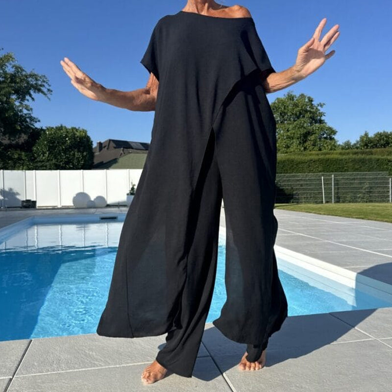 🌸Sommer-Sonderverkauf – 50 % Rabatt💖Einfarbiges Set aus schulterfreiem Oberteil und Hose