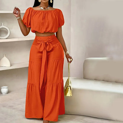 👚 50% RABATT! 👑 Damen Zweiteiliges Set – Schulterfreies Oberteil mit Puffärmeln & Weitbeinhose, Elegant & Perfekt für Sommer 🌸