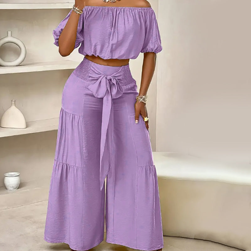 👚 50% RABATT! 👑 Damen Zweiteiliges Set – Schulterfreies Oberteil mit Puffärmeln & Weitbeinhose, Elegant & Perfekt für Sommer 🌸