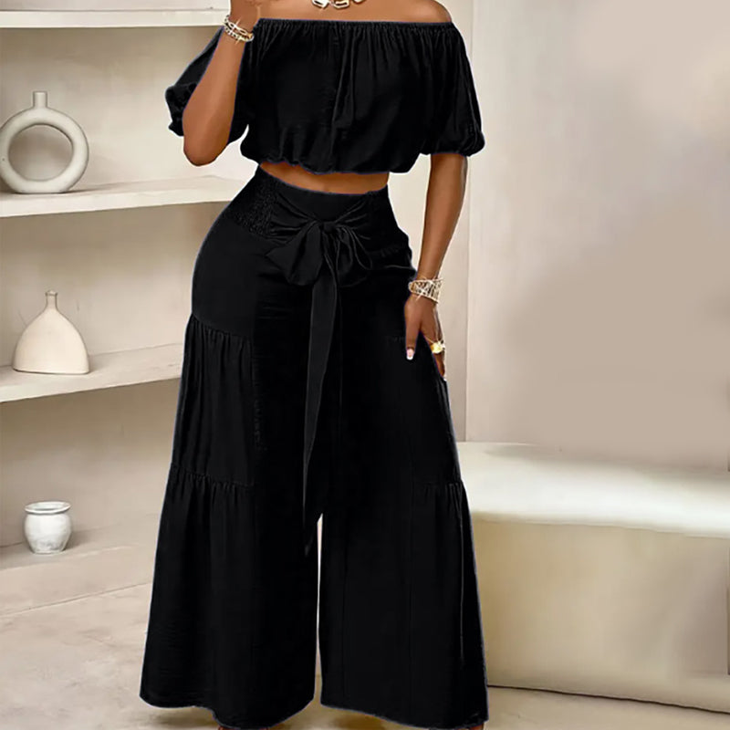 👚 50% RABATT! 👑 Damen Zweiteiliges Set – Schulterfreies Oberteil mit Puffärmeln & Weitbeinhose, Elegant & Perfekt für Sommer 🌸