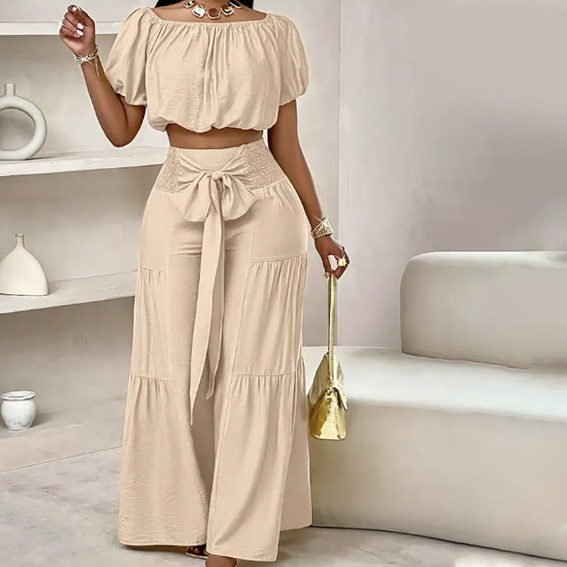 👚 50% RABATT! 👑 Damen Zweiteiliges Set – Schulterfreies Oberteil mit Puffärmeln & Weitbeinhose, Elegant & Perfekt für Sommer 🌸