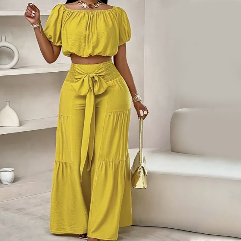 👚 50% RABATT! 👑 Damen Zweiteiliges Set – Schulterfreies Oberteil mit Puffärmeln & Weitbeinhose, Elegant & Perfekt für Sommer 🌸
