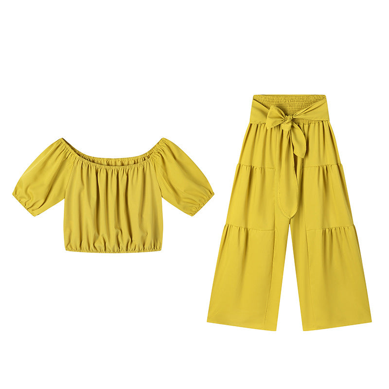 👚 50% RABATT! 👑 Damen Zweiteiliges Set – Schulterfreies Oberteil mit Puffärmeln & Weitbeinhose, Elegant & Perfekt für Sommer 🌸