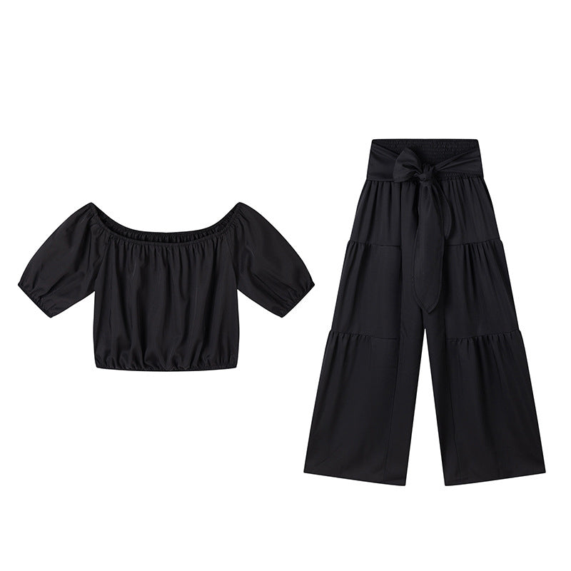👚 50% RABATT! 👑 Damen Zweiteiliges Set – Schulterfreies Oberteil mit Puffärmeln & Weitbeinhose, Elegant & Perfekt für Sommer 🌸