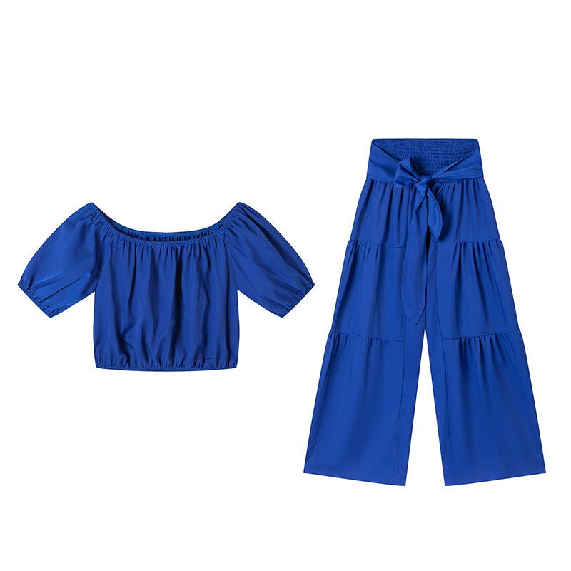 👚 50% RABATT! 👑 Damen Zweiteiliges Set – Schulterfreies Oberteil mit Puffärmeln & Weitbeinhose, Elegant & Perfekt für Sommer 🌸