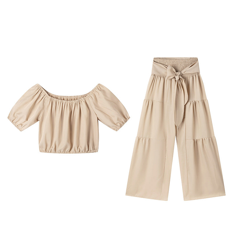 👚 50% RABATT! 👑 Damen Zweiteiliges Set – Schulterfreies Oberteil mit Puffärmeln & Weitbeinhose, Elegant & Perfekt für Sommer 🌸