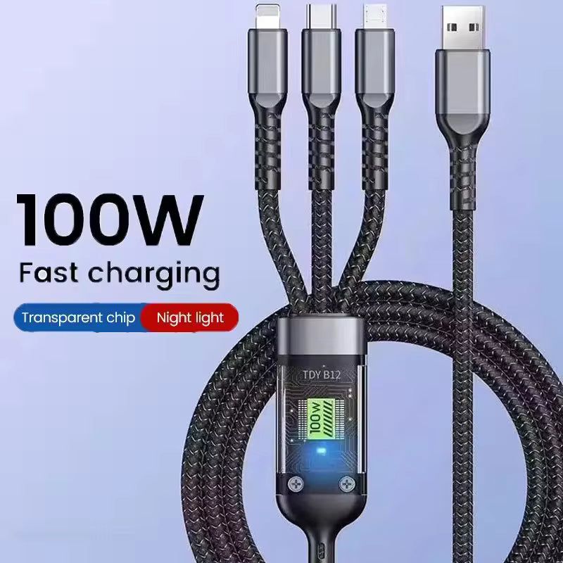 ⚡️✨ Transparentes 3-in-1 Schnellladekabel ✨⚡️ mit LED-Licht – robuster Alltagsbegleiter für schnelle, zuverlässige Energie.