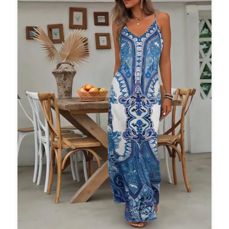 👗JETZT 50 % RABATT!💃Maxikleid für Damen mit Retro-Print und V-Ausschnit✨