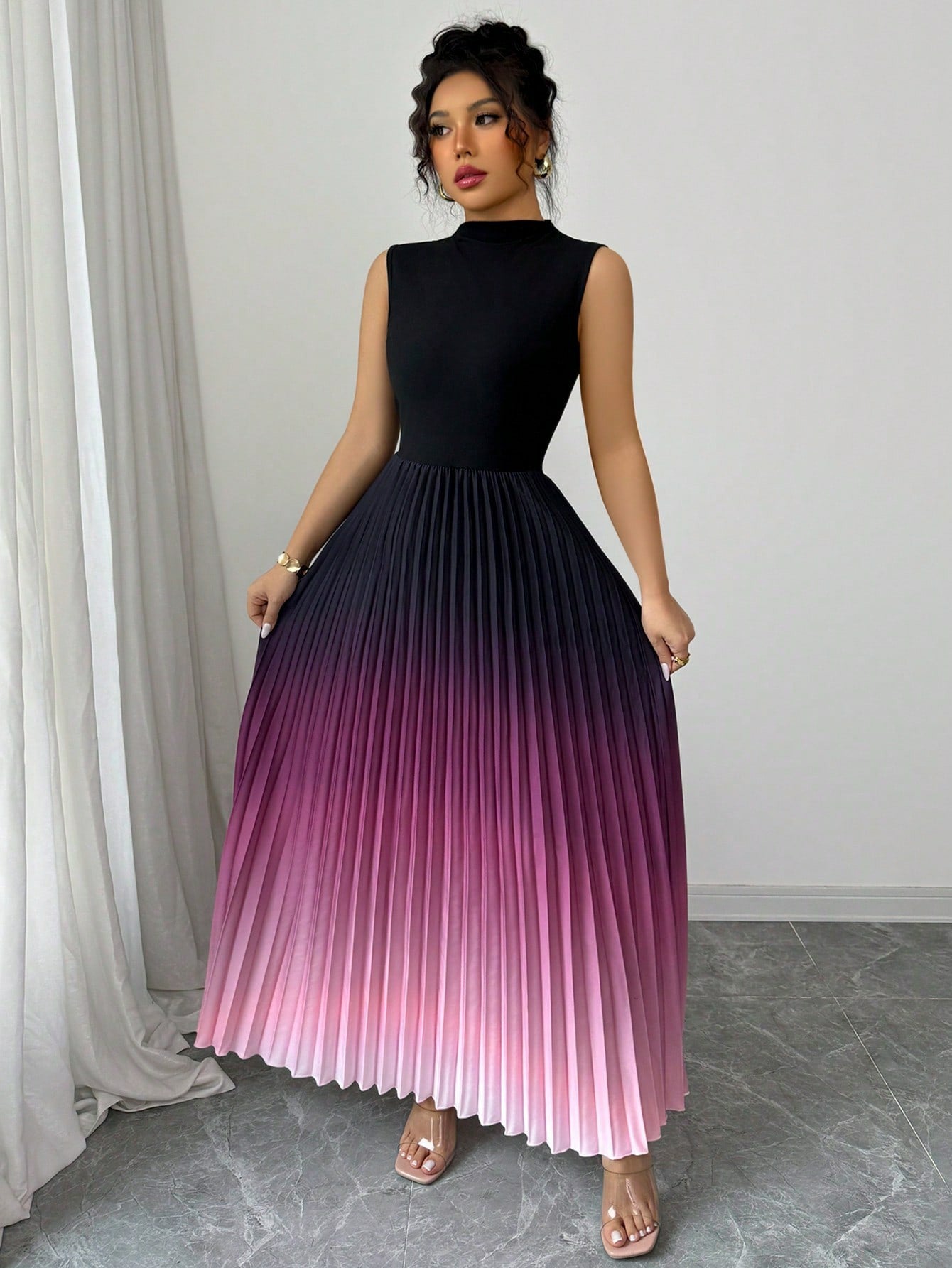 👗✨ Ombré-Faltenärmelloses Stehkragen-Maxikleid – 50% RABATT! Romantisch, feminin & perfekt für festliche Anlässe ❤️
