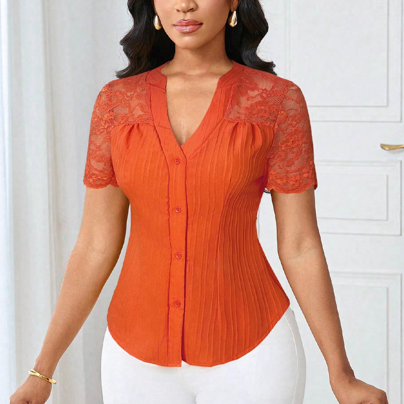 👚Sommerbluse für Damen mit V-Ausschnitt, Spitzenärmeln und Knopfleiste