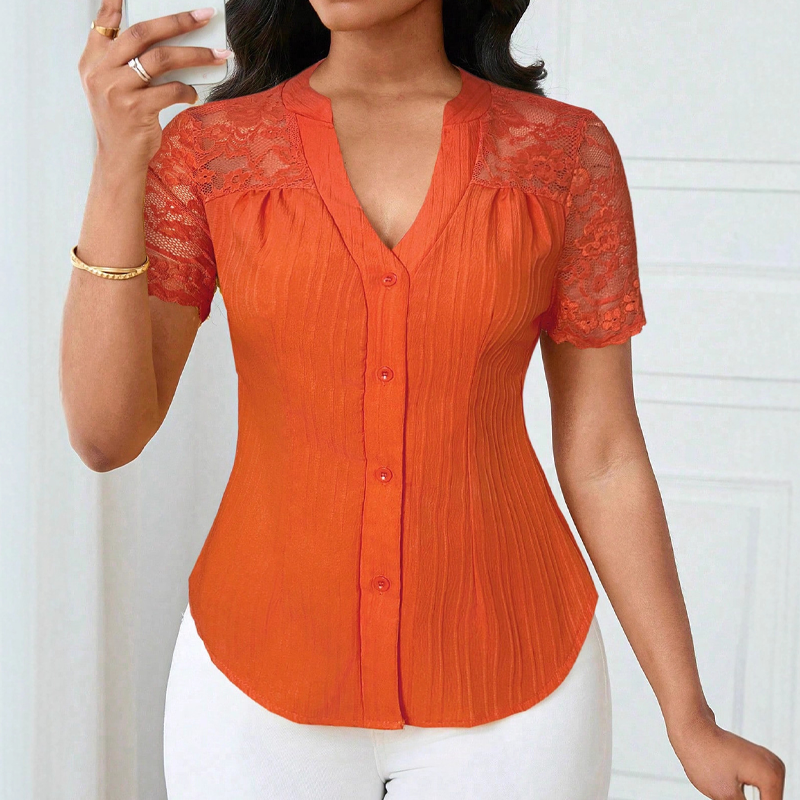 👚Sommerbluse für Damen mit V-Ausschnitt, Spitzenärmeln und Knopfleiste