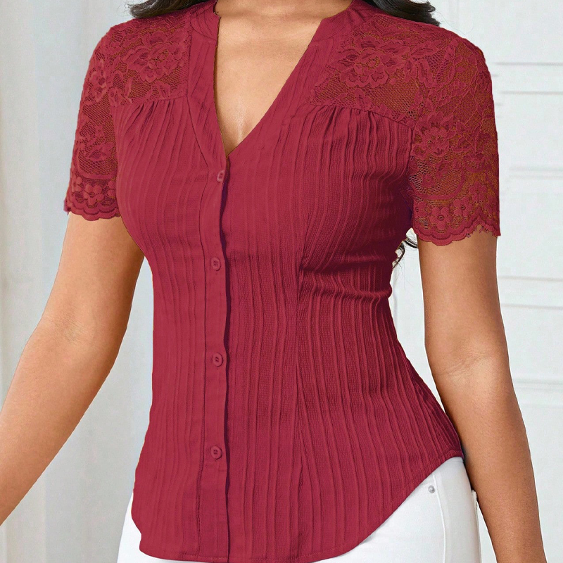 👚Sommerbluse für Damen mit V-Ausschnitt, Spitzenärmeln und Knopfleiste