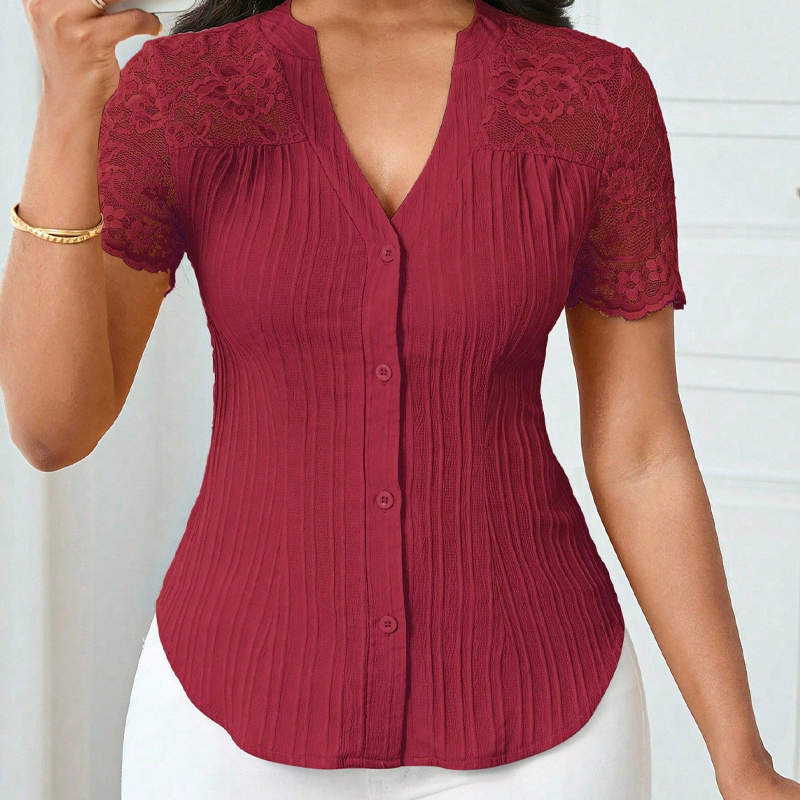 👚Sommerbluse für Damen mit V-Ausschnitt, Spitzenärmeln und Knopfleiste