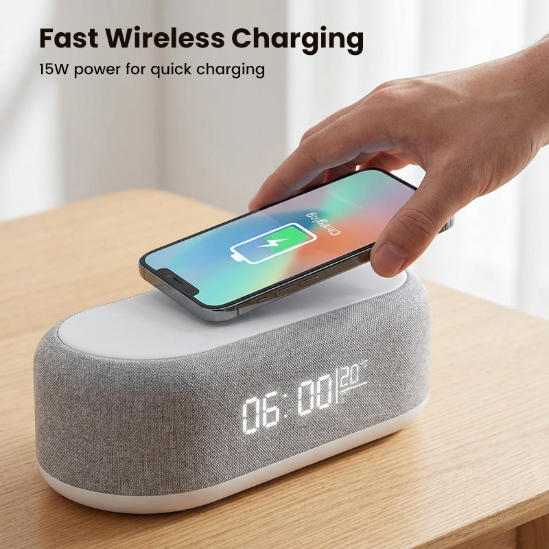 🌞Frühlingserwachen: 50% Rabatt!🔋6-in-1 Kabelloses Ladestation 25W – Uhr, Wecker, Bluetooth-Lautsprecher & Nachtlicht | All-in-One Nachttisch!