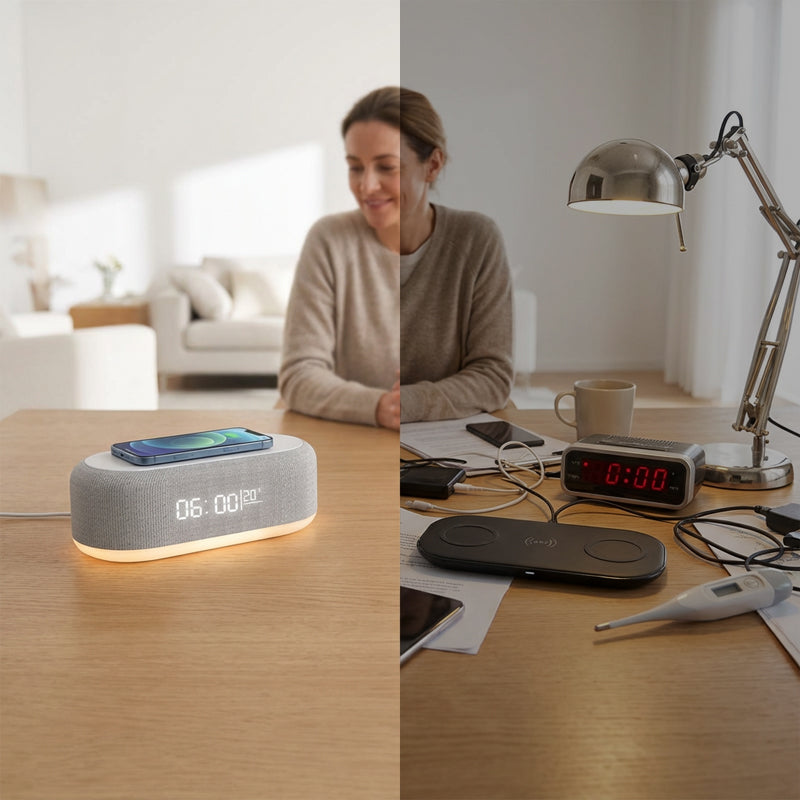 🌞Frühlingserwachen: 50% Rabatt!🔋6-in-1 Kabelloses Ladestation 25W – Uhr, Wecker, Bluetooth-Lautsprecher & Nachtlicht | All-in-One Nachttisch!
