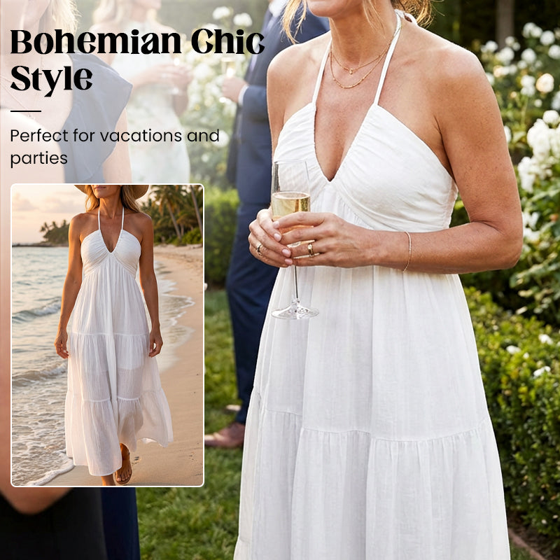 👗 50% RABATT! 🌞 Halsfreies, Rückenfreies Layering-Maxikleid – Bohemian Chic, Fließend & Perfekt für Den Frühling ☀️