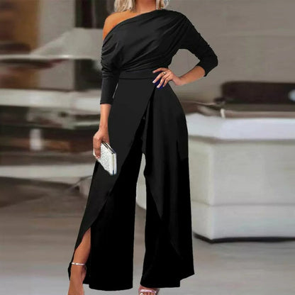 👗 Elegante Ein-Schulter-Jumpsuit für Damen – Weite Beine, Wickelrock-Design & Atmungsaktiv – Für Cocktailpartys & Hochzeiten🖤