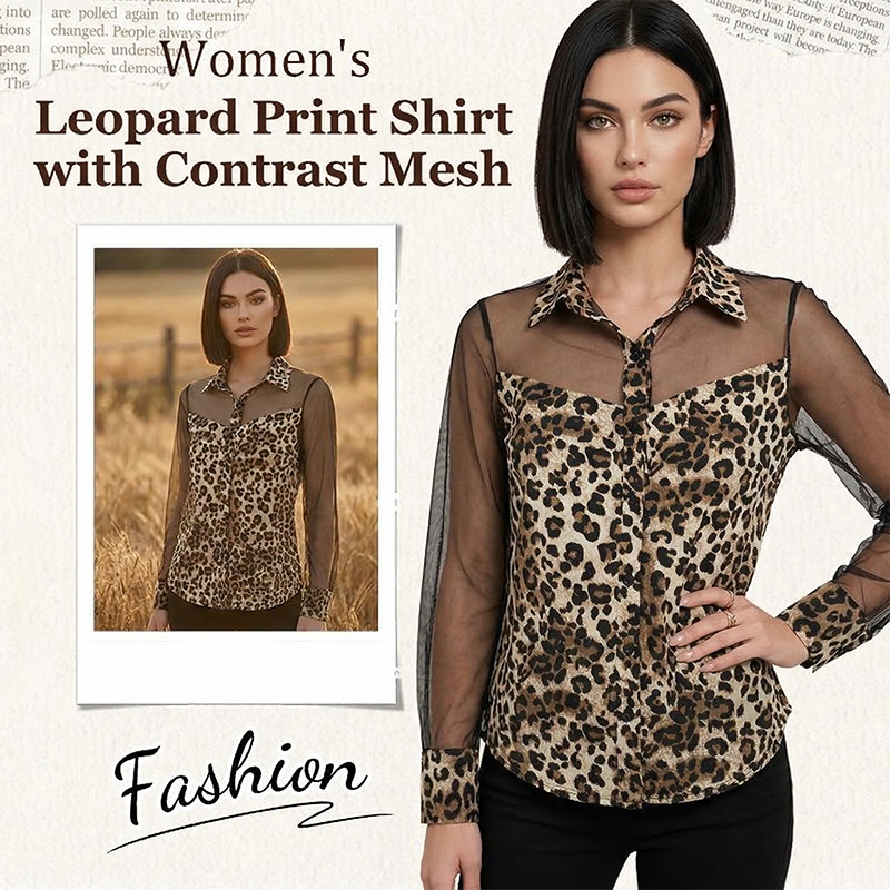 👚50 % RABATT! 🐆 Damenbluse mit Leopardenmuster und kontrastierendem Mesh – Langärmlig, figurbetont und perfekt für Büro und Abend ✨