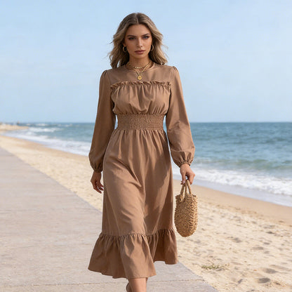 👗Neuheiten 40 % Rabatt!🥰 Damen-Maxikleid mit langen Ärmeln, Smokarbeit und Rüschen