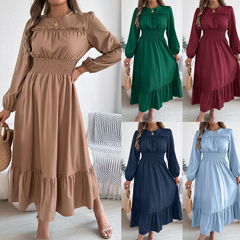 👗Neuheiten 40 % Rabatt!🥰 Damen-Maxikleid mit langen Ärmeln, Smokarbeit und Rüschen