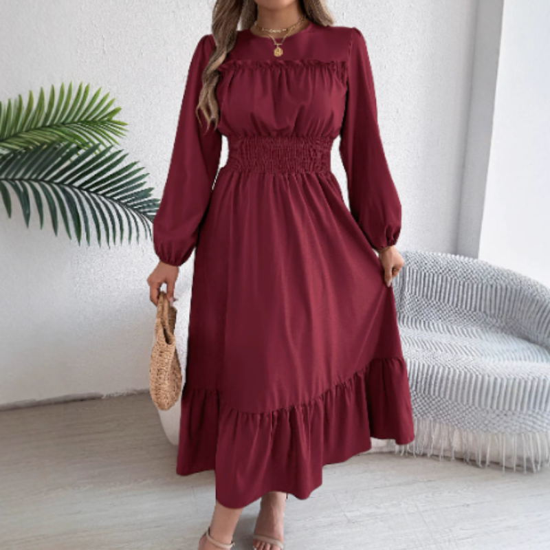 👗Neuheiten 40 % Rabatt!🥰 Damen-Maxikleid mit langen Ärmeln, Smokarbeit und Rüschen