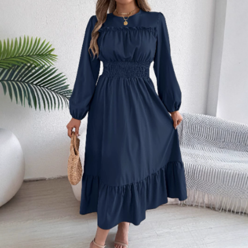 👗Neuheiten 40 % Rabatt!🥰 Damen-Maxikleid mit langen Ärmeln, Smokarbeit und Rüschen