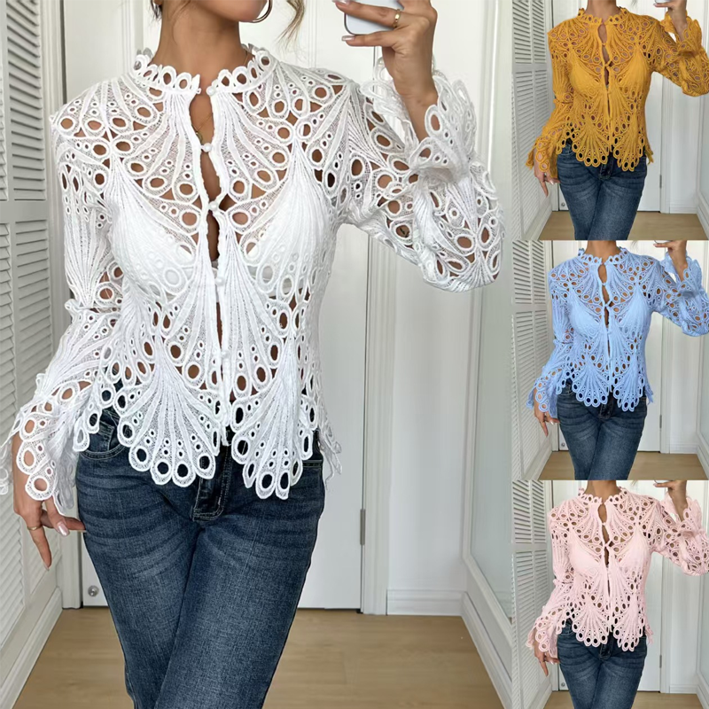 Elegante Bluse mit Ajour-Spitze und Trompetenärmeln