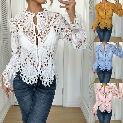 Elegante Bluse mit Ajour-Spitze und Trompetenärmeln