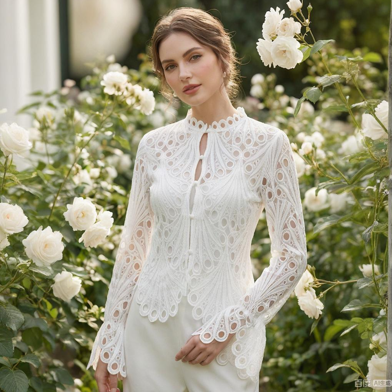 Elegante Bluse mit Ajour-Spitze und Trompetenärmeln
