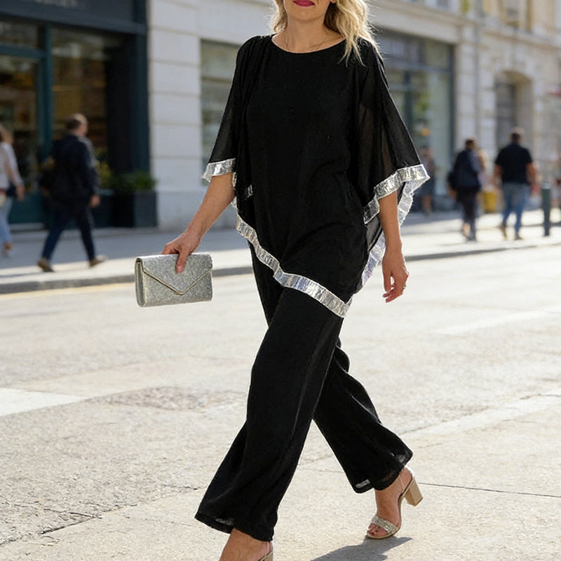 Elegant Sequin Trim Poncho Top & Wide-Leg Pants Set