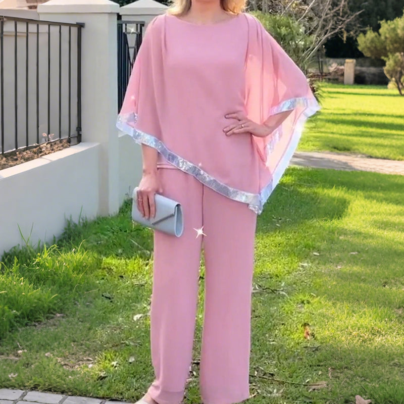 Elegant Sequin Trim Poncho Top & Wide-Leg Pants Set