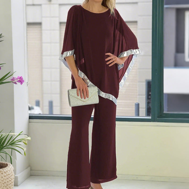 Elegant Sequin Trim Poncho Top & Wide-Leg Pants Set