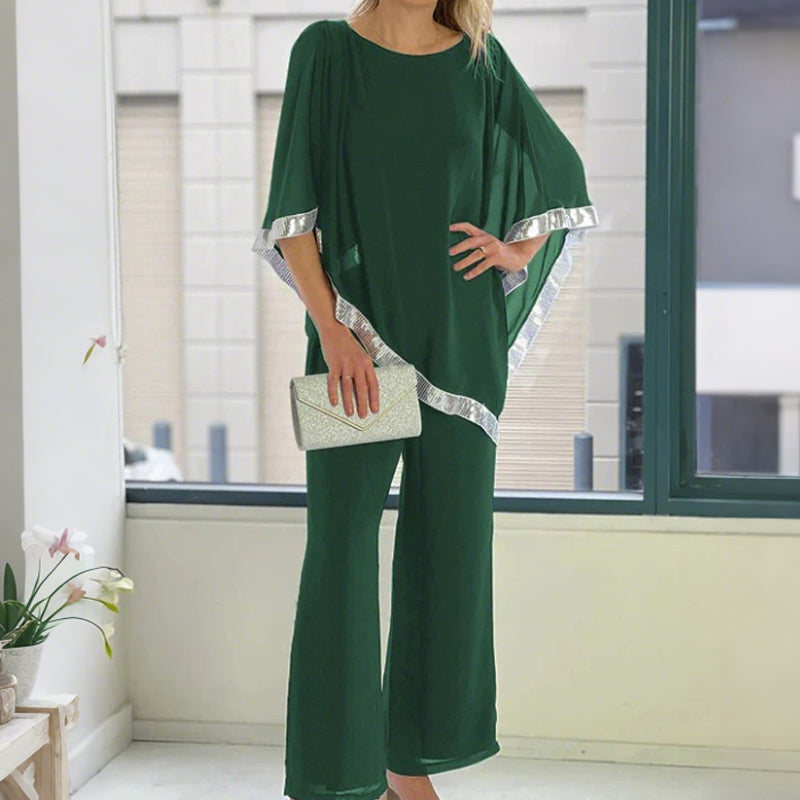 Elegant Sequin Trim Poncho Top & Wide-Leg Pants Set
