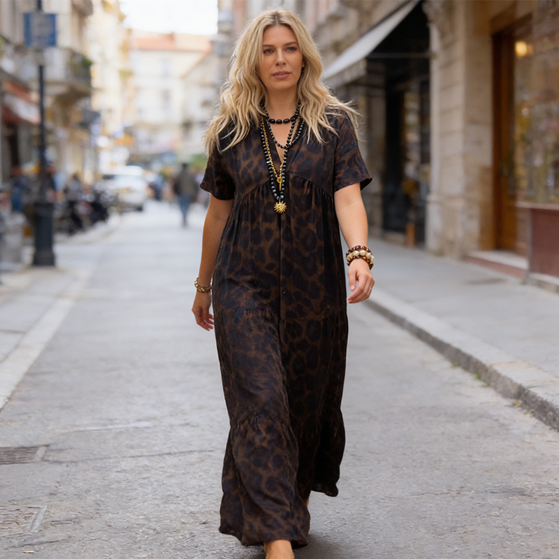 💞Neuankunft 50% Rabatt👗Damen V-Ausschnitt Leopard Druck Maxi Kleid mit kostenloser Halskette📿💎