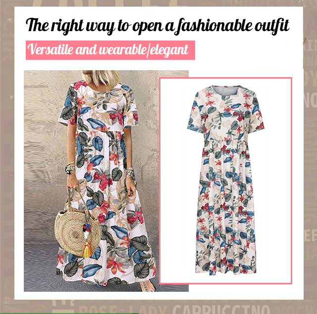 Lässiges, locker geschnittenes Damen-Maxikleid im Retro-Stil mit Rundhalsausschnitt und Print
