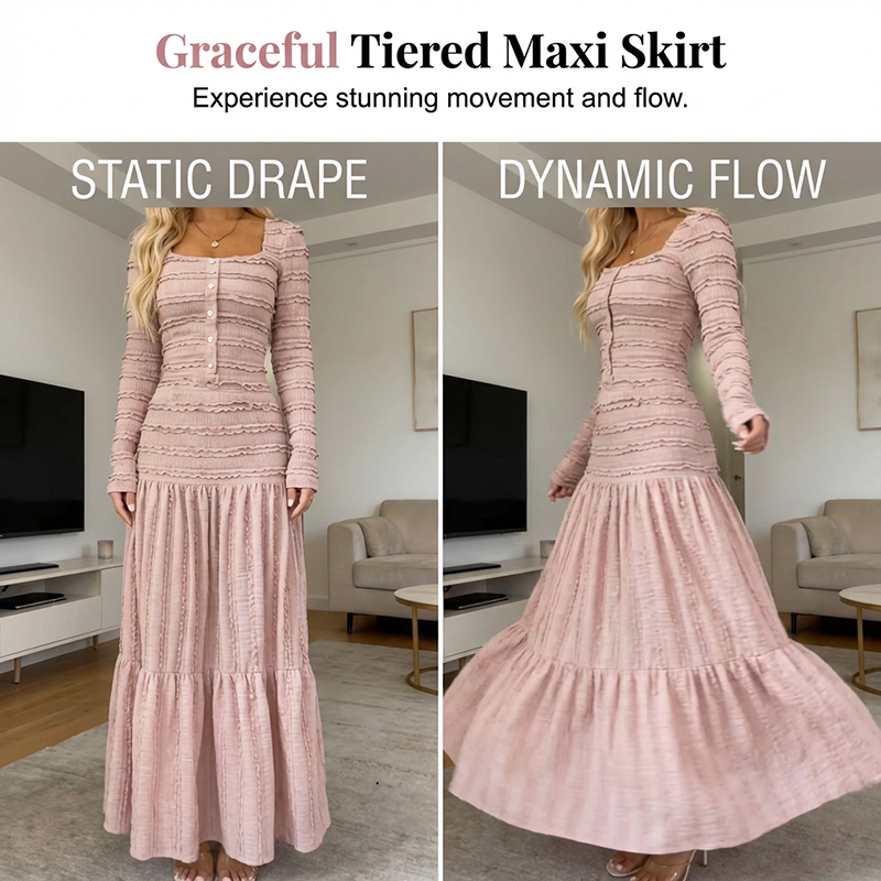 🌸 LIMITIERT 50% RABATT! ✨ Maxikleid mit Vintage-Charme: Quadratischer Ausschnitt, Rüschen & Elastisches Smok-Oberteil für perfekte Passform 👗