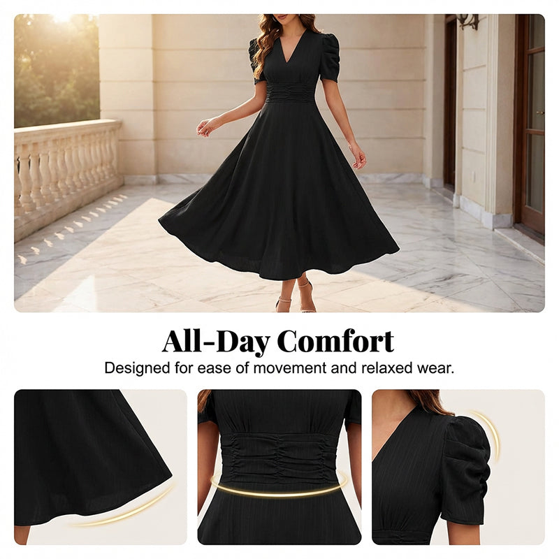 🥳2026 HEISSVERKAUF🥳💞50K+ VERKAUFT!💥💕🌿 50% RABATT! Elegantes Puffärmel-Kleid – V-Ausschnitt & hohe Taille für eine Sanduhr-Silhouette. Atmungsaktiv, knitterarm. Perfekt für reife Frauen. 👗✅