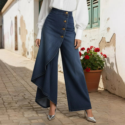 【⏰Nur noch 10 Stück – solange der Vorrat reicht】Asymmetrische Wickeljeans 👖 – trifft Culottes auf Hose. Hochgeschnitten für optisch längere Beine, weit & fließend, mit diagonalen Knöpfen. Im Handumdrehen zur Fashionista! ✨