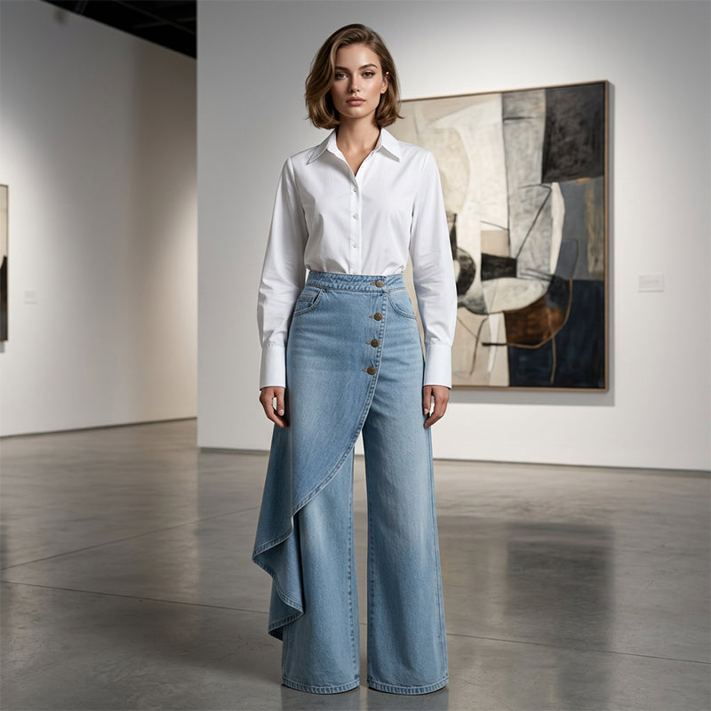 【⏰Nur noch 10 Stück – solange der Vorrat reicht】Asymmetrische Wickeljeans 👖 – trifft Culottes auf Hose. Hochgeschnitten für optisch längere Beine, weit & fließend, mit diagonalen Knöpfen. Im Handumdrehen zur Fashionista! ✨