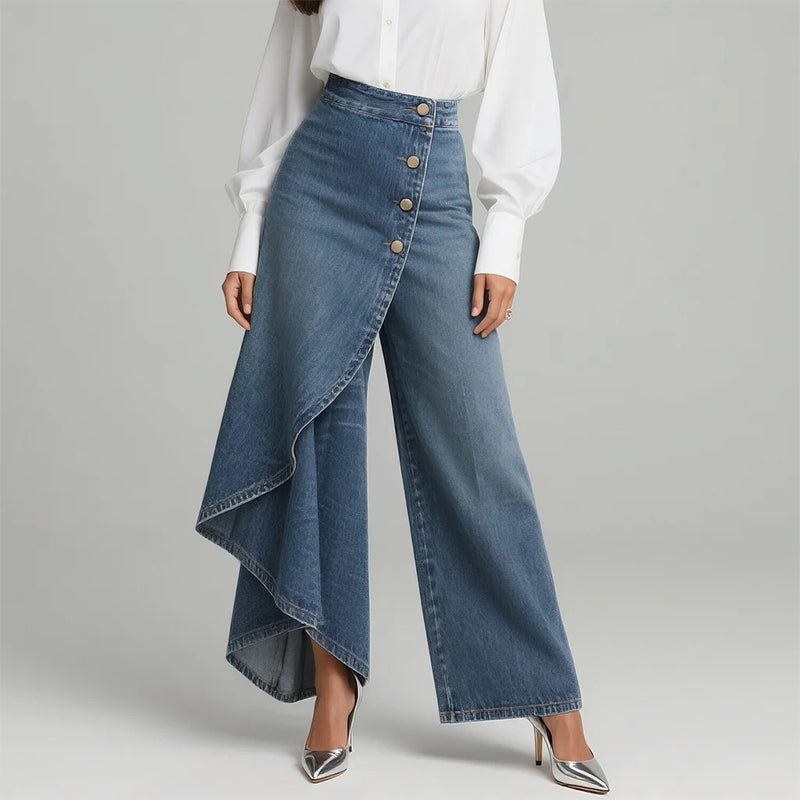 【⏰Nur noch 10 Stück – solange der Vorrat reicht】Asymmetrische Wickeljeans 👖 – trifft Culottes auf Hose. Hochgeschnitten für optisch längere Beine, weit & fließend, mit diagonalen Knöpfen. Im Handumdrehen zur Fashionista! ✨