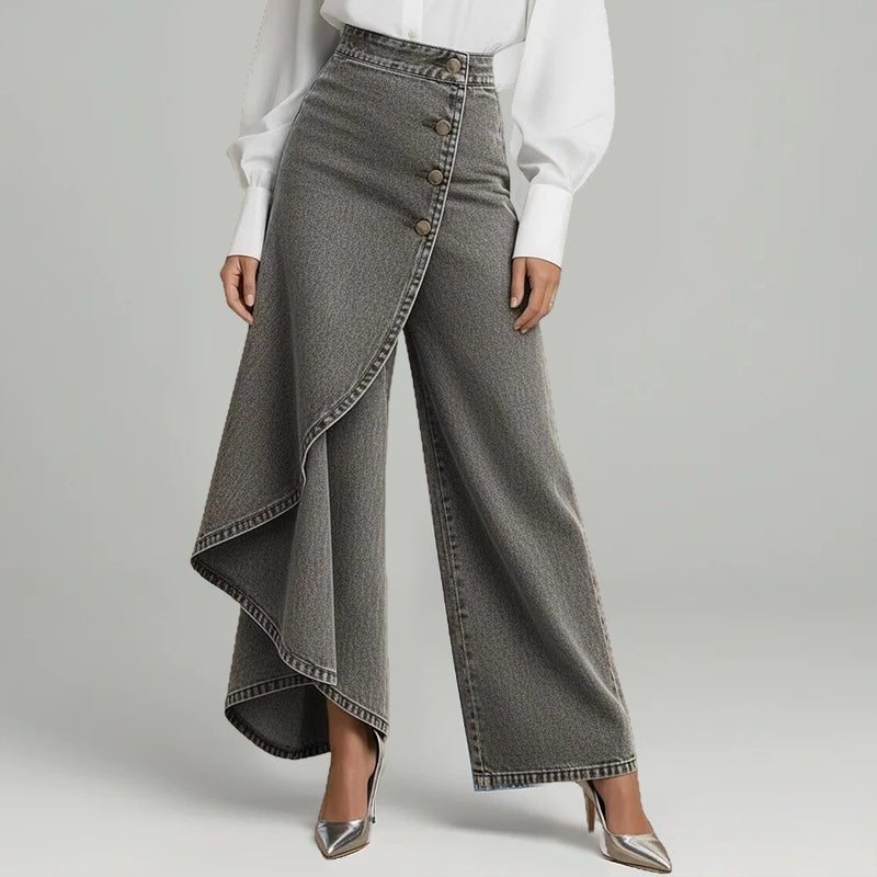 【⏰Nur noch 10 Stück – solange der Vorrat reicht】Asymmetrische Wickeljeans 👖 – trifft Culottes auf Hose. Hochgeschnitten für optisch längere Beine, weit & fließend, mit diagonalen Knöpfen. Im Handumdrehen zur Fashionista! ✨