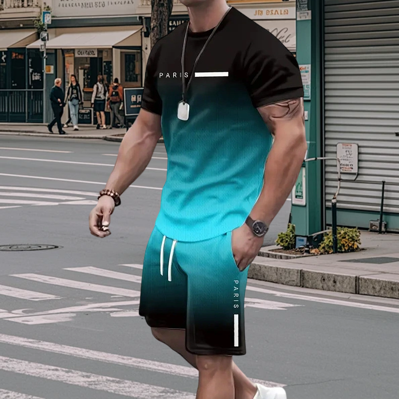 ✨🔥Herren Freizeit-Set – T-Shirt & Shorts mit Farbverlauf – bequem, atmungsaktiv & modern