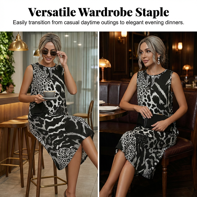 🎁Neuwaren 50% Rabatt💥Ärmelloses Midikleid für Damen mit Leopardenmuster