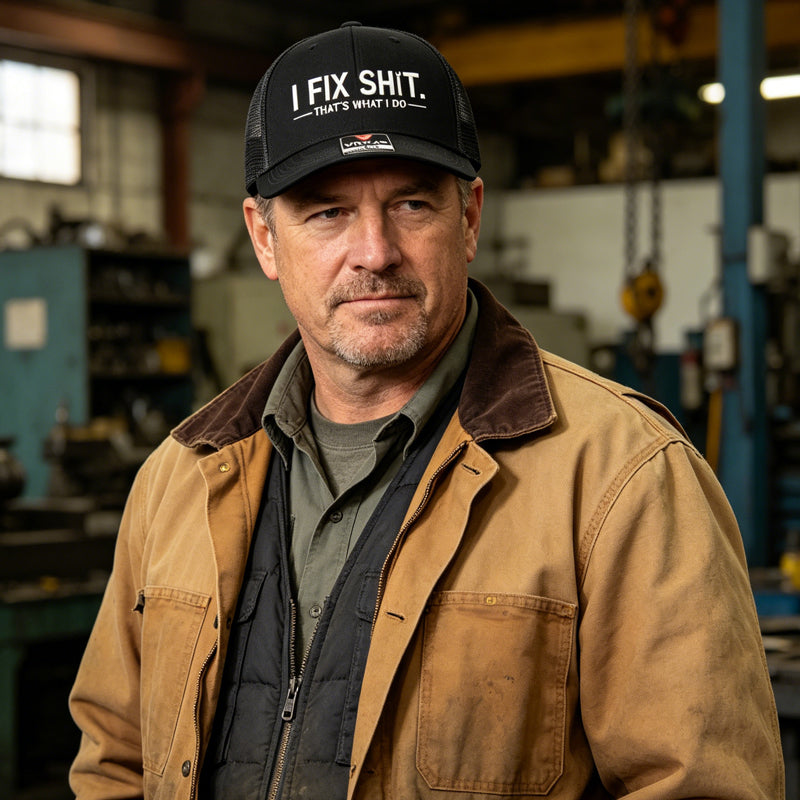🧢 AKTION: 50% RABATT AUF ALLE CAPS! ✨ Trucker-Cap mit „I Fix Shit“-Stickerei – Atmungsaktives Mesh, Sonnenschutz & Verstellbar 🛠️